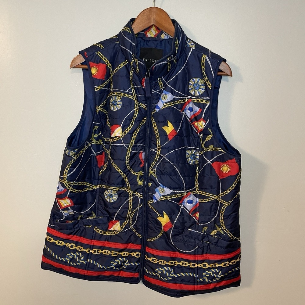 Talbots Nautical Print Navy Multicolor Full Zip Quilted Puffer Vest Womans Sz XL